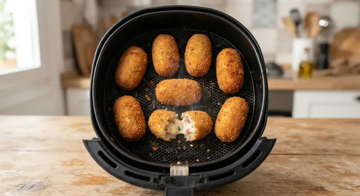 Croquetas congeladas doradas reci&eacute;n hechas en la cesta de una freidora de aire