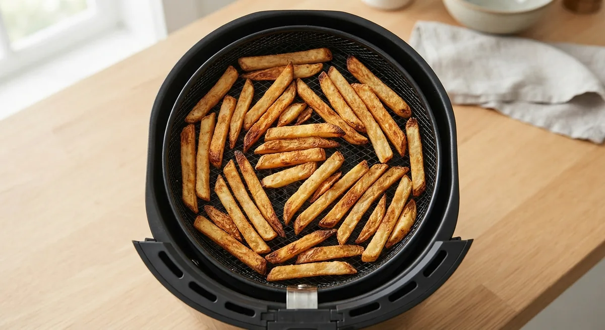 Patatas fritas congeladas doradas en la cesta de una freidora de aire