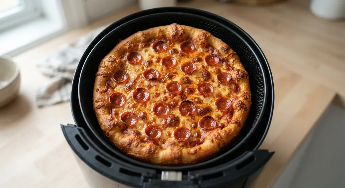Pizza congelada hecha en freidora de aire con el queso fundido y el borde dorado
